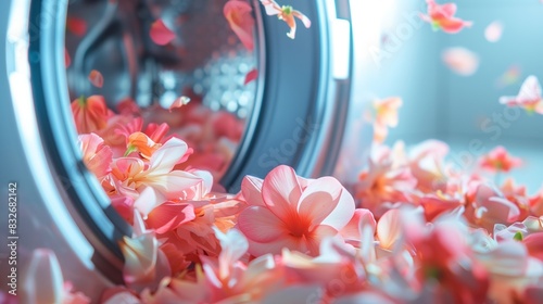 Washing Machine with Flower Petals and Detergent. photo