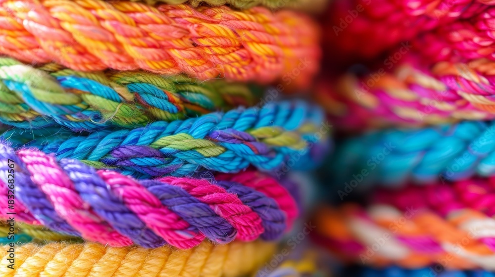 A stack of colorful rope toys made from recycled materials.