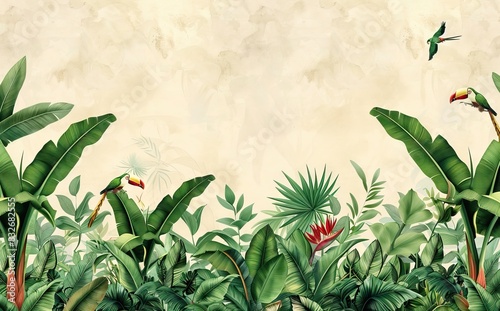 Illustration of tropical wallpaper print design with palm banana leaves and birds on canvas texture. Tropical plants and birds on textured  background. AI generated illustration