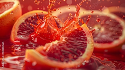 Close-up of Fresh and Juicy Citrus Sinensis or blood orange with juice splash