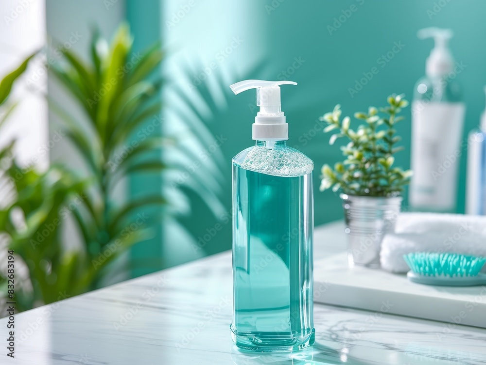 Freshen Up Your Routine - Mouthwash Bottle on Bathroom Countertop with Copy Space Above Freshen Up Your Routine - Mouthwash Bottle on Bathroom Countertop with Copy Space Above