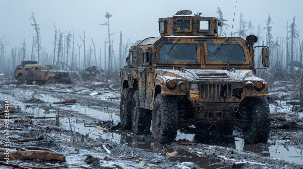 Military vehicles in a devastated landscape Military vehicles in a devastated landscape