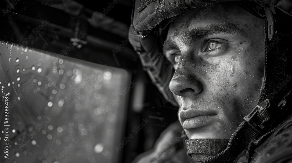 Contemplative soldier looking through window Contemplative soldier looking through window