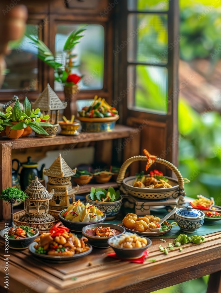 Fototapeta premium Cozy Miniature Thai Kitchen Displaying Small Plates with Traditional Thai Food