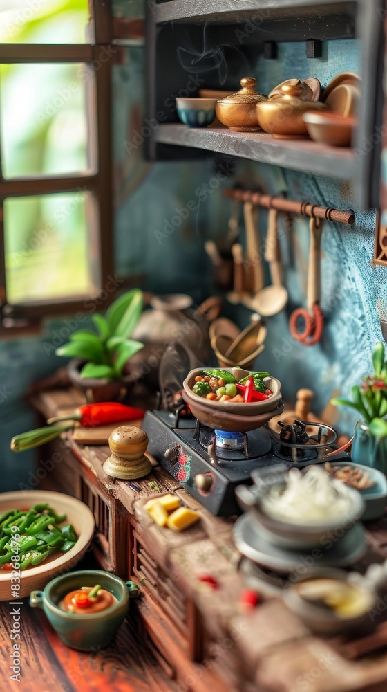 Miniature kitchen scene with a tiny clay pot on a stove and Thai ingredients
