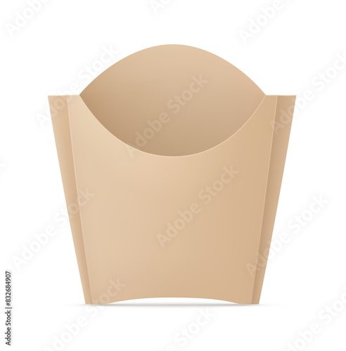 Empty Kraft paper box for french fries. Snack fast food takeaway. Popular roasted potato chips sticks snack packing, isolated on white background. Realistic. Vector illustration.