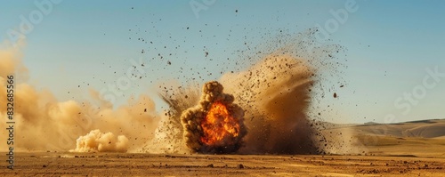 Explosive detonation in desert terrain photo