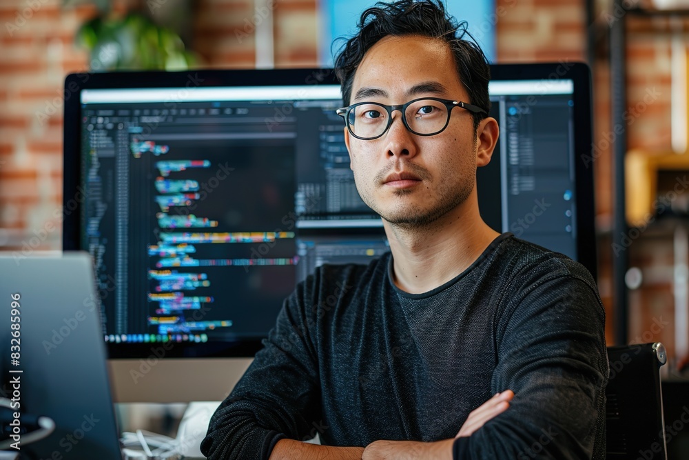 Confident Asian developer at workstation with dual monitors Confident Asian developer at workstation with dual monitors