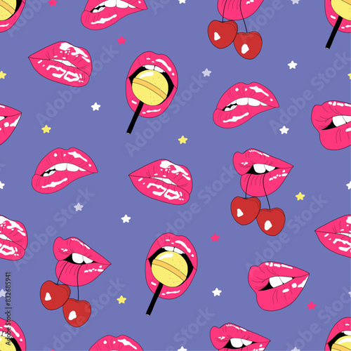 Seamless pattern with sexy women's lips. Lips with cherry and lollipop.Open mouth, sweet kiss. Love theme, feminine design. Blue background