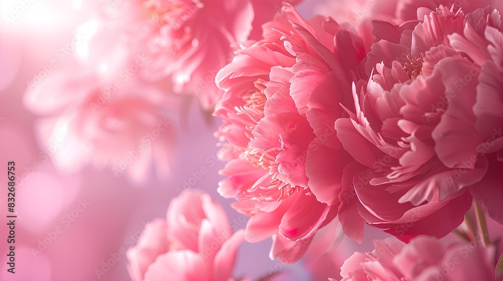 Beautiful pink peonies in closeup. Background with blurred flowers, copy space concept. Spring floral background. Blurred backdrop for wedding invitation and Mother's Day banner design.
