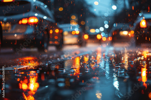 Photo of a traffic jam during a rainy day  wet road surfaces  cars with headlights on  reflections of city lights  gloomy atmosphere