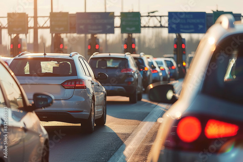 Photo of cars stuck in traffic at a toll plaza, drivers waiting impatiently, clear and bright day