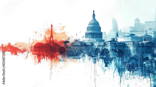 Abstract watercolor art blending iconic landmarks from Washington D.C. and Paris, featuring vibrant splashes of red and blue.