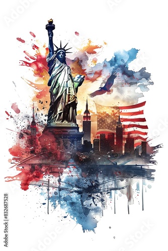 Watercolor illustration of the Statue of Liberty symbolizes freedom with a vibrant cityscape and American flag in the background. photo