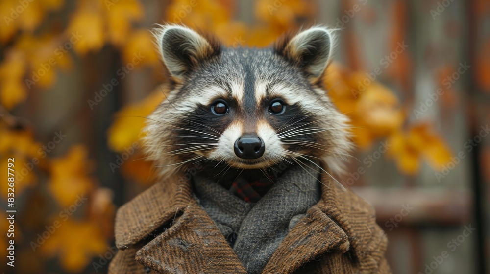 Dapper raccoon in stylish jacket with autumn leaves Dapper raccoon in stylish jacket with autumn leaves