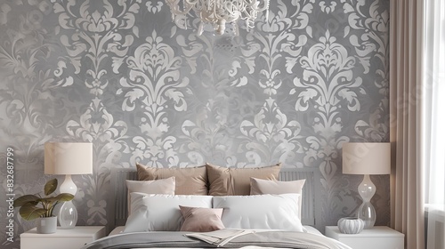 Dark grey damask pattern wallpaper in the bedroom  white and gray color palette  intricate design with floral motifs  elegant wall covering for modern home interior decor  high resolution