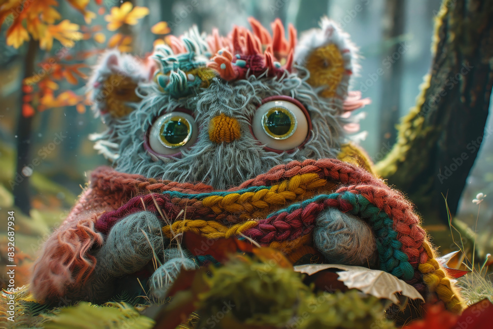 Obraz premium A fuzzy gray creature is wrapped in a colorful blanket