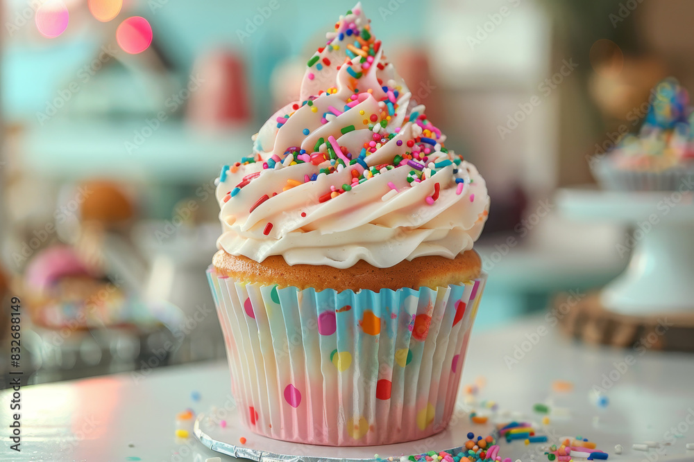 A cupcake with rainbow sprinkles on top A cupcake with rainbow sprinkles on top