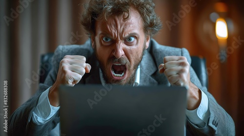 An enraged businessman sits behind his laptop