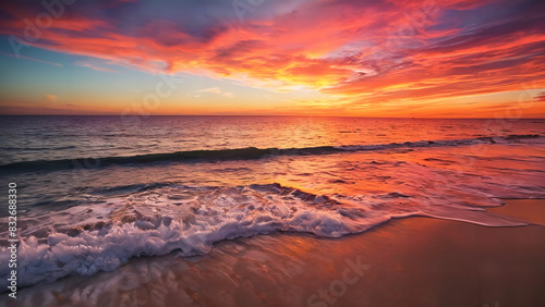 Vibrant sunset over tranquil ocean horizon