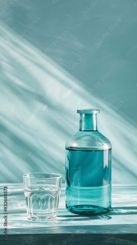 Fresh Breath Essentials - Mouthwash Bottle with Glass of Water Ready, Copy Space Above