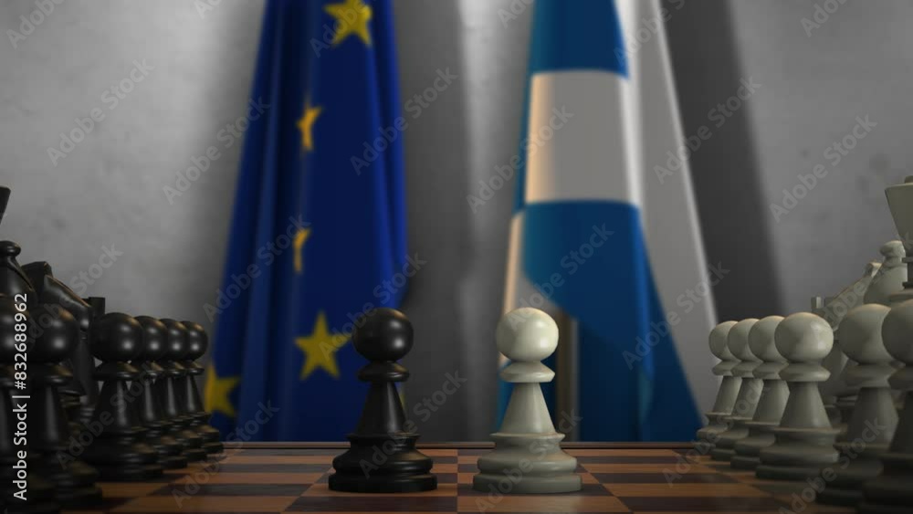 Scotland And EU Flags. Politics And Conflict Concept Animation. Chess Board Game Play Scotland And EU Flags. Politics And Conflict Concept Animation. Chess Board Game Play