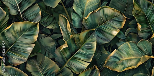 Green jungle leaves seamless pattern floral repeating leaf background. Amazing photo collage artistic design. AI generated illustration photo