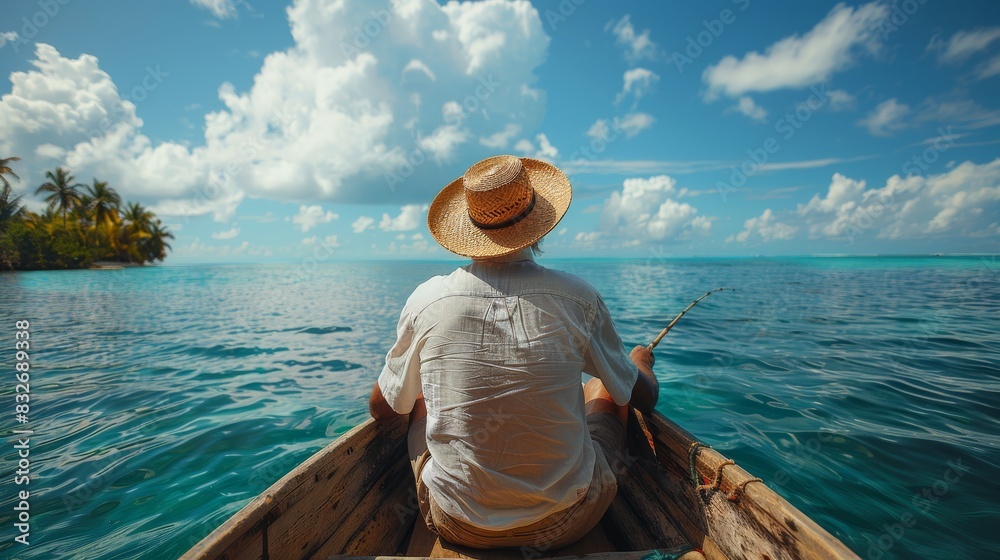 Person fishing peacefully from a wooden boat with a serene tropical island backdrop Person fishing peacefully from a wooden boat with a serene tropical island backdrop