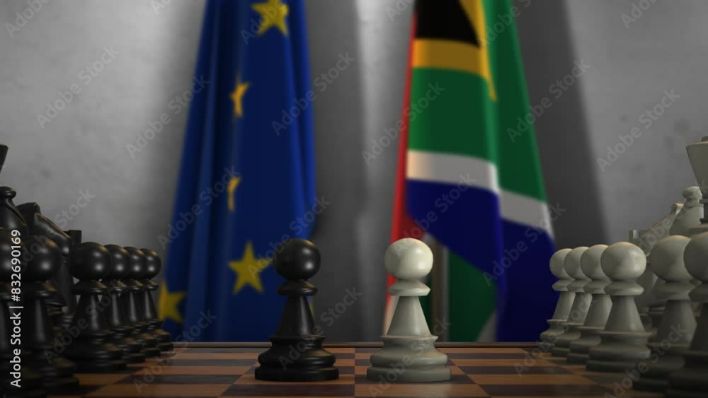 South Africa And EU Flags. Politics And Conflict Concept Animation. Chess Board Game Play South Africa And EU Flags. Politics And Conflict Concept Animation. Chess Board Game Play