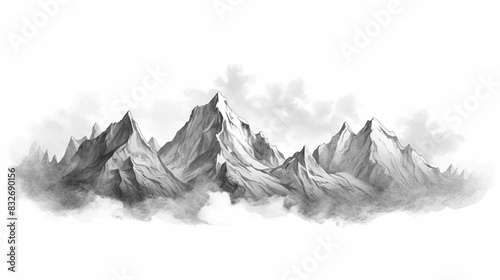 Black and white hand drawn pencil sketch of a silhouette mountain landscape with rocky peaks in a graphic style on a white background