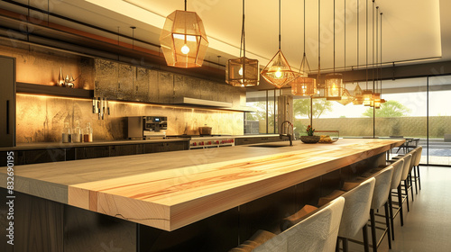 A sleek and spacious Modern Craftsman kitchen centerpiece, featuring a wide island with a butcher block countertop. Above the island, pendant lights with geometric designs provide a contemporary feel