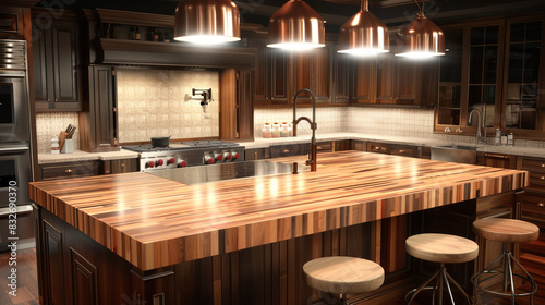 A sophisticated Modern Craftsman kitchen featuring a large island with a gleaming butcher block countertop, under a series of sleek pendant lights