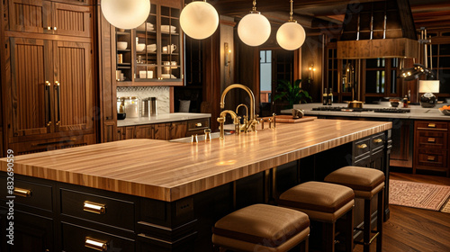 A sophisticated Modern Craftsman kitchen featuring a large island with a gleaming butcher block countertop, under a series of sleek pendant lights