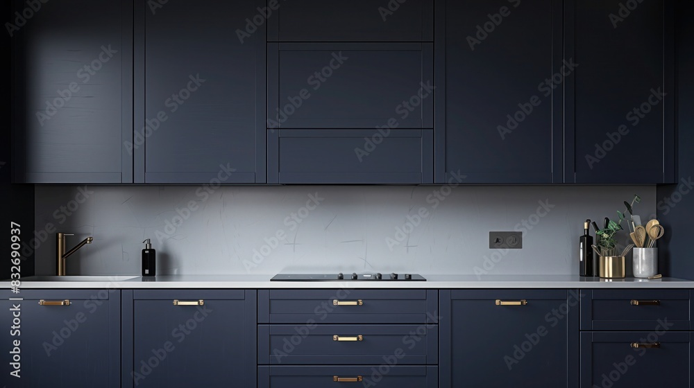 a minimalist kitchen space adorned with navy blue shaker cabinets and brass drawer pulls, achieving a sleek and refined look a minimalist kitchen space adorned with navy blue shaker cabinets and brass drawer pulls, achieving a sleek and refined look