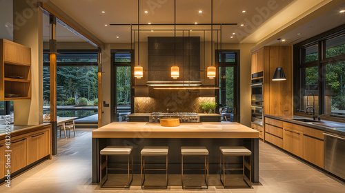 A spacious, airy Modern Craftsman kitchen, centered around a large island with a butcher block top and illuminated by stylish pendant lighting