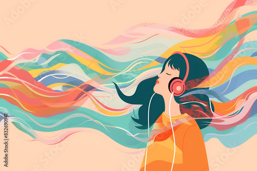 A woman with headphones listens to music. Multi-colored waves flow around, embodying the beauty of sound and creativity.