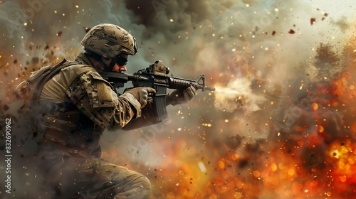 Soldier in combat amidst explosions © Viktoriia
