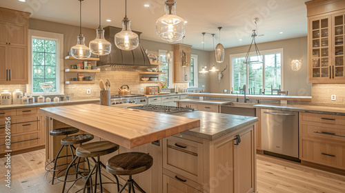 A spacious and modern Craftsman kitchen with a prominent island featuring a butcher block countertop, beautifully illuminated by unique pendant lights
