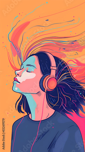 A girl with headphones listens to music on a bright orange background.