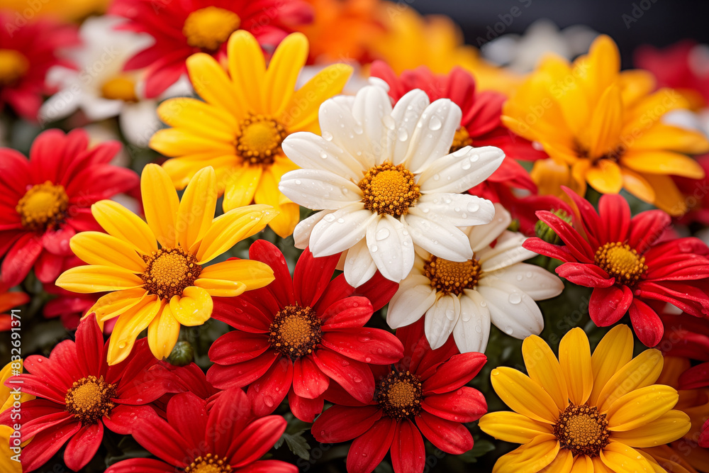 Colorful daisies with water droplets, close-up