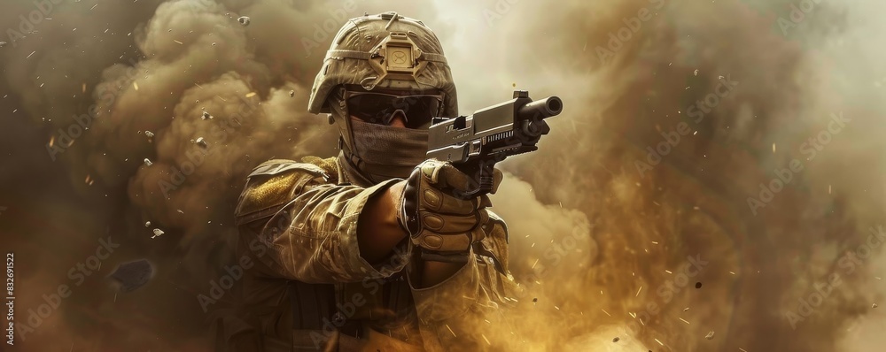 Fototapeta premium Soldier in combat gear aiming pistol amidst smoke