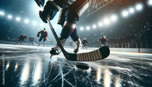 A close-up view of an ice hockey player on the rink, focusing on the hockey stick and skates. The player is in action, with other players visible in the background. photo