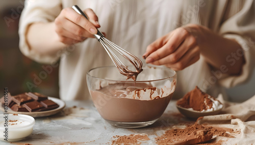 Woman with glass of milk and whisk mixing delicious chocolate cream at textured table, closeup