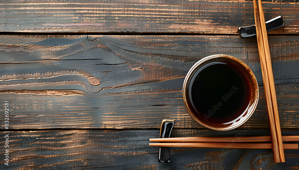 Bowl with soy sauce and chopsticks on wooden table, top view. Space for text Bowl with soy sauce and chopsticks on wooden table, top view. Space for text