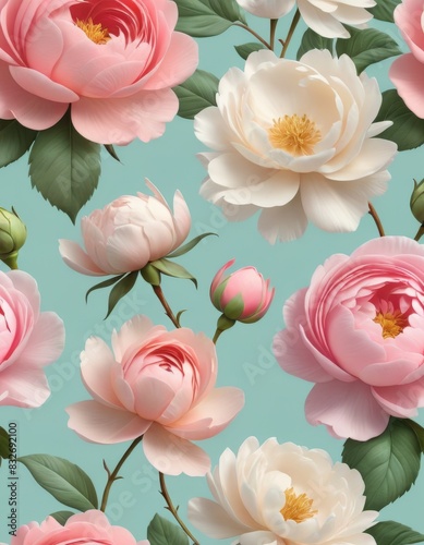 Wallpaper Mural Elegant pattern of pink and white peony flowers against a soft blue background. The delicate blossoms and lush green leaves create a fresh and romantic floral design, perfect for various decorative Torontodigital.ca