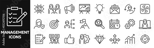 Set of vector line icons related to business management, communication, teamwork. Symbols for website or app ui, logo design, illustration