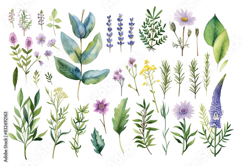 Set of floral branch elements. Flowers and green leaves. Wedding with floral poster, invite. Vector arrangements for greeting card or invitation design vector illustration