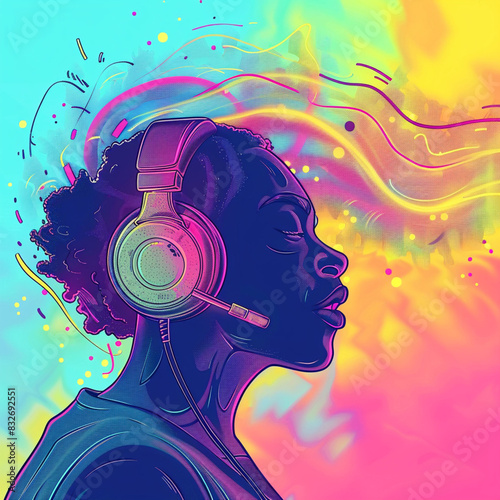 Silhouette of a man wearing headphones listening to music. Musical meditation.