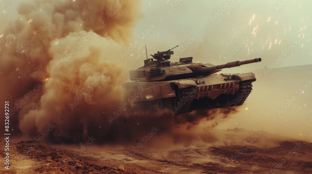 Battle tank in action on dusty terrain Battle tank in action on dusty terrain