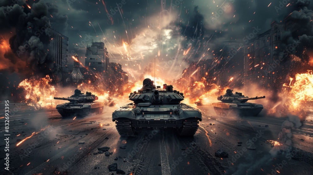 Armored tanks advance through urban warfare scene Armored tanks advance through urban warfare scene